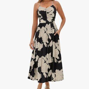 ANNEBOOUTI Ruched Black Floral Spaghetti Strap Maxi Dress size medium